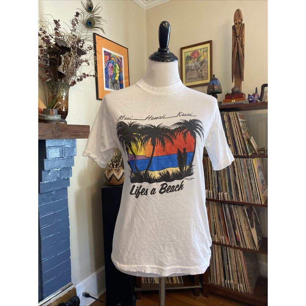 Life's a Beach Short Sleeve Graphic Tee - White with Sunset Print